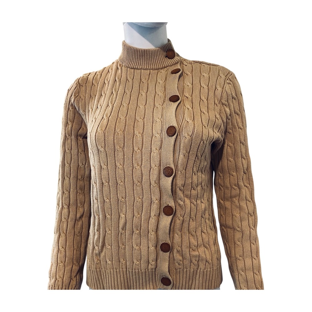 VTG Lauren Ralph Lauren Tan Cable Knit Asymmetrical Side Button Mock Neck Size M